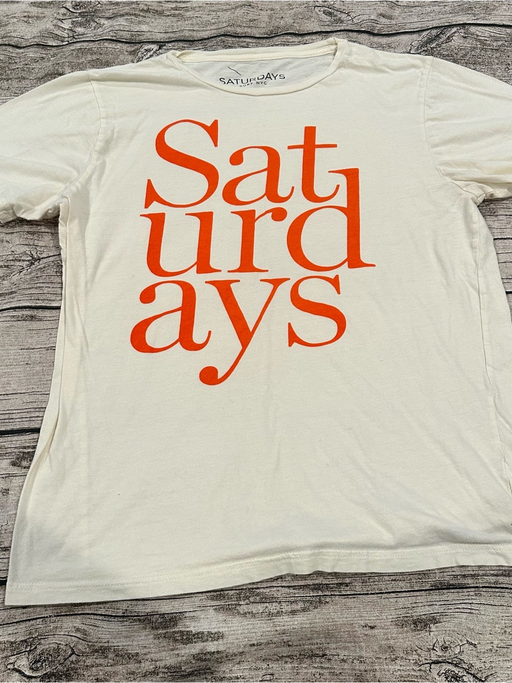 Saturdays Surf New York Men’s Light Yellow Tee with Orange Logo Print Size LG